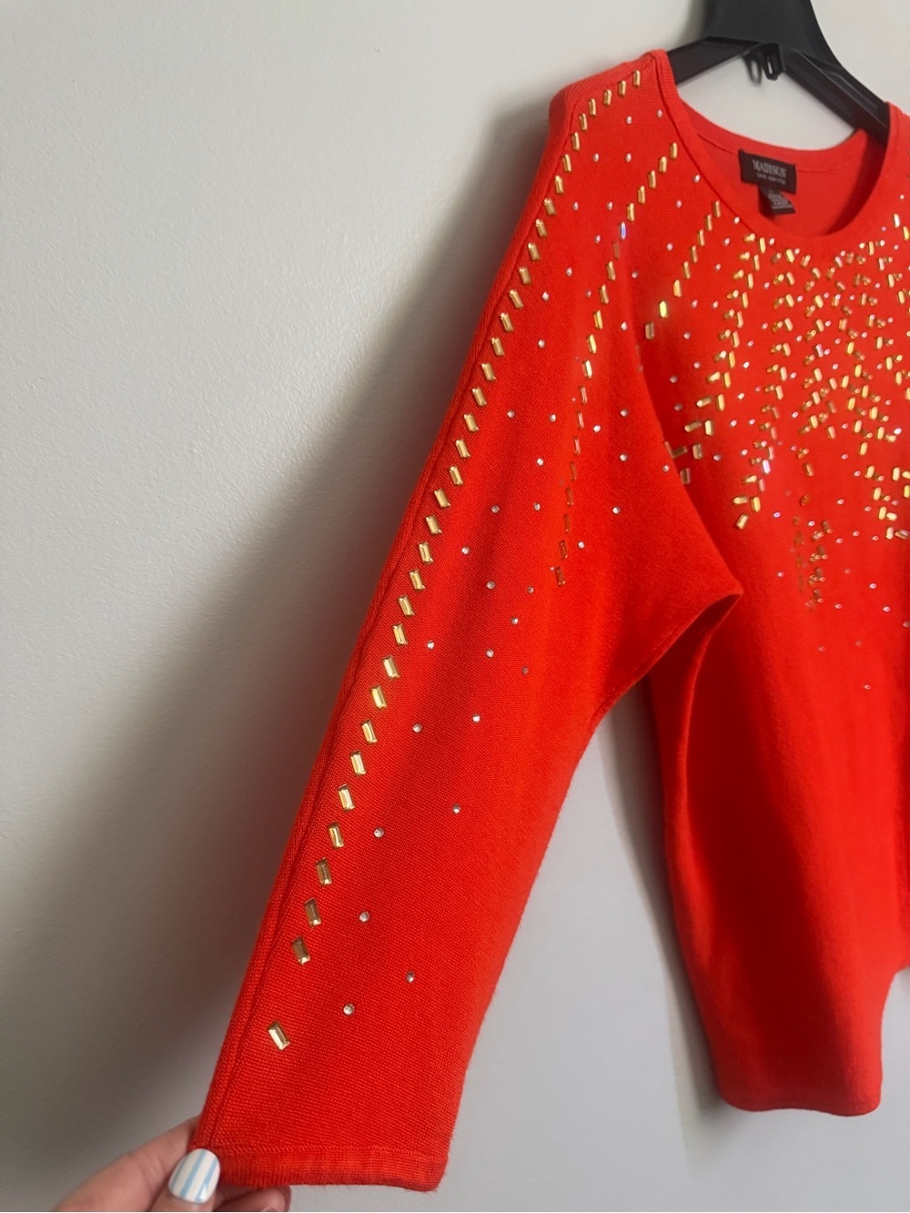 Madison Orange Sweater with Gold Stud Embellishments 3/4 sleeve Size Large - Picture 7 of 10